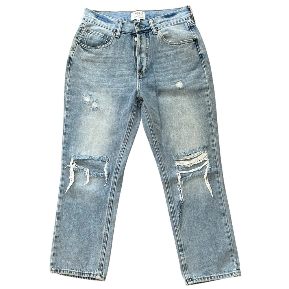 Twelve by On Twelfth Distressed Straight Jeans Women 28 Blue Y2K Grunge 90s